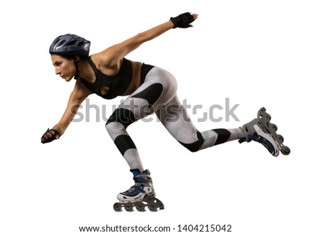 Professional beautiful woman roller skating. isolated on white background
