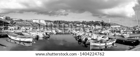 Boats mowed in the marina of Santa Maria di Leuca, large format of the image composed by the merging of three photographic shots, black and white image.