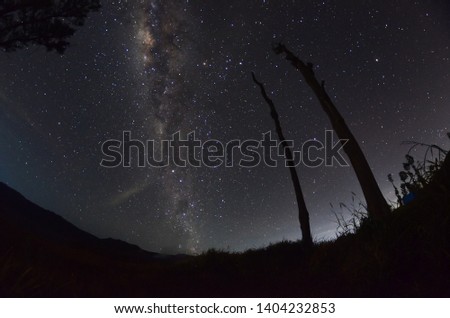 The outstanding beauty and clarity of the Milky way and the starry sky captured from high altitude on the mount bromo, indonesia. (Presence of noise, grain and soft focus is due to high ISO). 