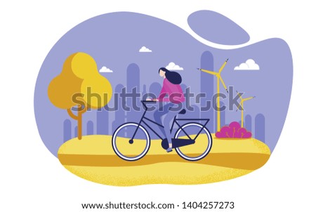 Woman Travels Riding Bicycle Flat Vector Illustration. Healthy Lifestyle, Outdoor Activities. Female character Moving with Houses and Windmills on Background. Sporty Person. Save Ecology.
