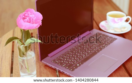 Workplace. Telework. Violet laptop. Computer on the table. Peony and tea. Business and finance. The Internet.