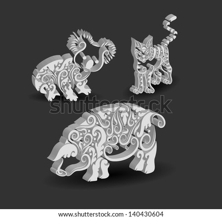 Animal Engraving Ornament, koala, cat, pig. Three dimensional effect with shadow, Smooth and detail vector, can used each animal.