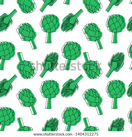 Seamless pattern with lartichoke. Black linear drawing with green silhouette. Art can be used for design menu, packing, printing. 