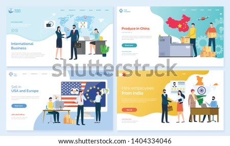 International business vector, sell in usa and europe marketplace and produce in China, hire employees from India, Chinese map with flag parcels with products. Website or app slider, landing page flat
