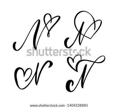 Vector Set of Vintage floral letter monogram N. Calligraphy element Valentine flourish. Hand drawn heart sign for page decoration and design illustration. Love wedding card for invitation
