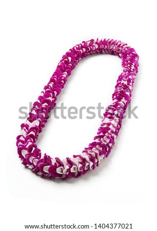Special Strand Hawaii lei made from natural fresh orchid flowers with fancy style or pineapple arrangement technic which use only flower's Lip to make a lei, from Thailand isolate on white background.