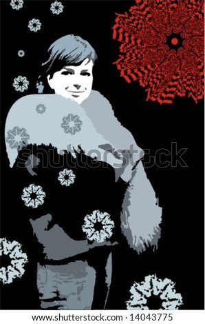 The young girl on an abstract background with snowflakes