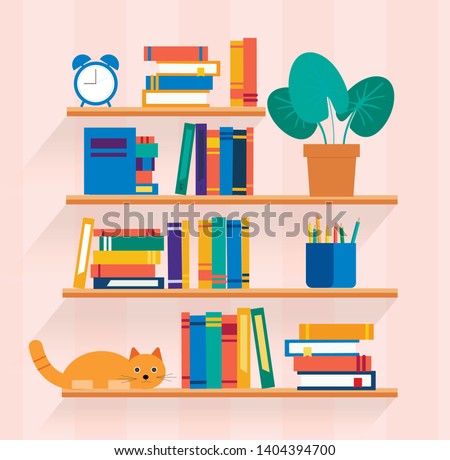 Bookshelves with different books on it, vector illustration Royalty-Free Stock Photo #1404394700