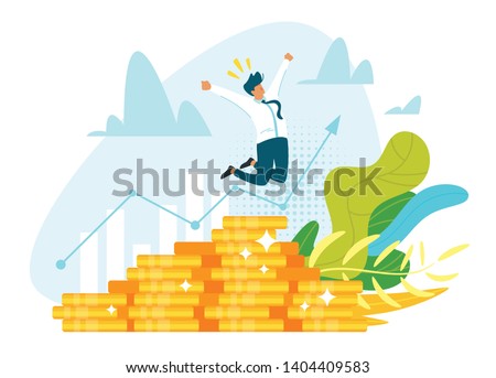 Profitable investment, funding flat vector illustration. Stock market income. Successful businessman standing on coins stack. Millionaire banker, financier cartoon character. Diagram, graph growth Royalty-Free Stock Photo #1404409583