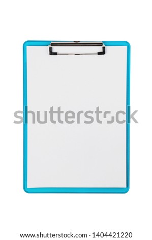 One plastic blue color clipboard with glossy metal binder with blank paper sheets isolated on white background. Top view. Copy space Royalty-Free Stock Photo #1404421220
