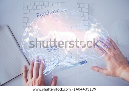Haman brain double exposure icon with man hands background.