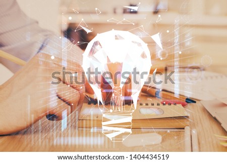 Innovative your business. Idea concept icon on writing man's hand background. Multi exposure.