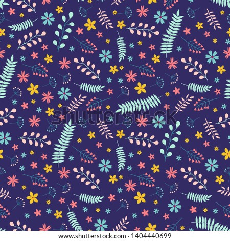  Seamless pattern with flowers and branches in rural style in dark colors. For wallpapers, decoration, invitation, fabric, textile and print, web page background, gift and wrapping paper.