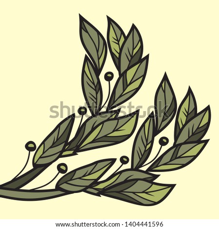 Vector illustration of Laurel branch. Two green branches on a mustard background. The divine plant is a symbol of victory and power.