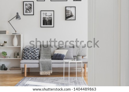 Gallery of black and white photos above grey sofa with pillows and blanket