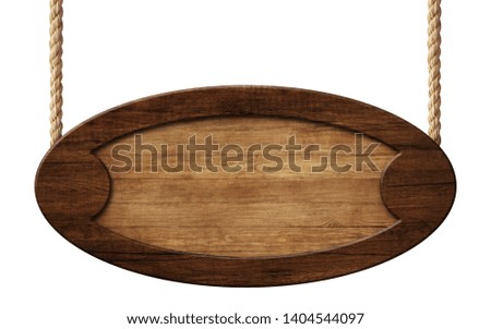 Oval signpost made of natural wood with dark brown wooden frame 