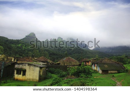 Monsoon scene from Indian Village. Paddy fields in the foreground - Image