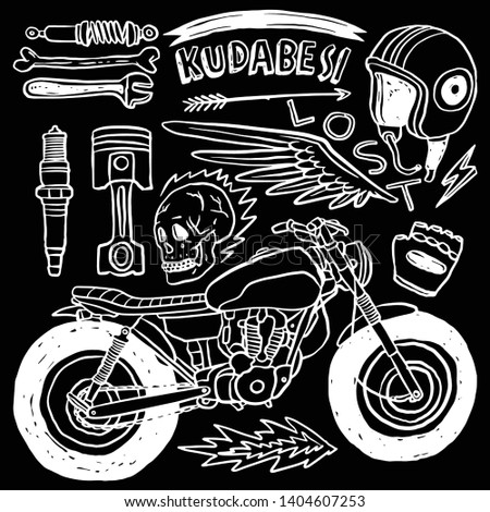 Hand drawing of skull riding vintage motorcycle. Motorcycle Club Illustration