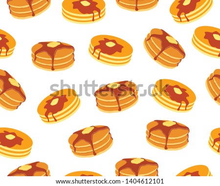 Seamless pattern of pancakes with butter and maple syrup sweet on white background Royalty-Free Stock Photo #1404612101