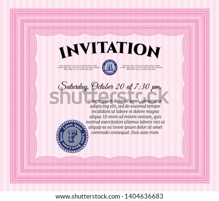 Pink Formal invitation. With guilloche pattern and background. Detailed. Modern design. 