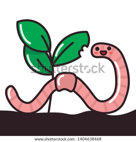 Vector image, cute character, cartoon. The image of a worm, a rain worm on the soil, priming. Bite of grass, greenery, wood, bush, leaf, teeth mark. Print for card, poster, children's clothing, fabric