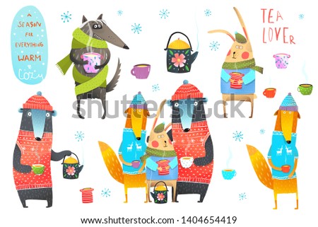 Winter Forest Animals Drinking Tea Clip art. Seasonal winter clip art collection with animals and tea cups. Raster variant.