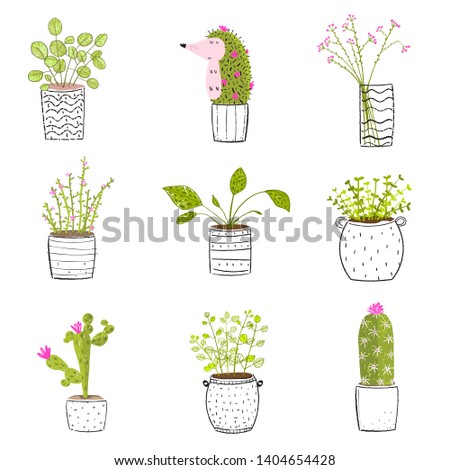 Flowers in Pots Hand Drawn. Set of flowers in pots vector hand drawn clip art set. Raster variant.