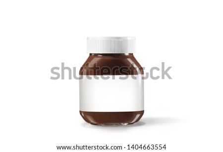 Chocolate spread in jar mock up isolated on white background with white label. Royalty-Free Stock Photo #1404663554