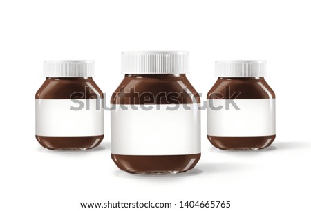 Chocolate spread in jars mock up isolated on white background with white label. Royalty-Free Stock Photo #1404665765