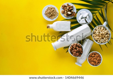 many kinds of vegetable milk in glass jars on a coloful background with ingredients with copy space