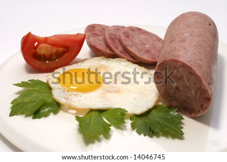 sausage and fried egg with slices and tomato