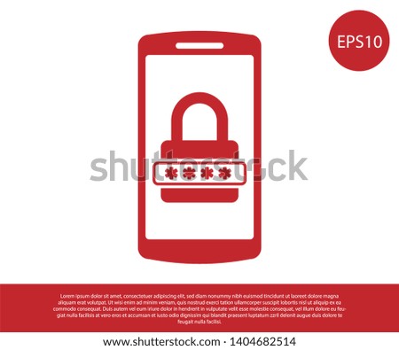 Red Mobile phone and password protection icon isolated on white background. Security, safety, personal access, user authorization, privacy. Vector Illustration