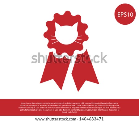 Red Cat award symbol icon isolated on white background. Medal with cat footprint as pets exhibition winner concept. Vector Illustration