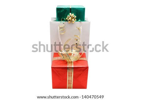 Wrapped gift boxes with gold silver ribbon isolated on white background