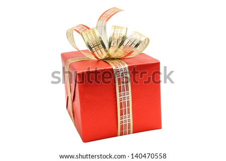 Wrapped red gift box with gold silver ribbon isolated on white background
