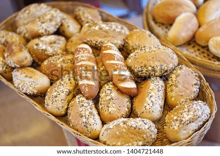 Close up of fresh breads or home bakery background and texture