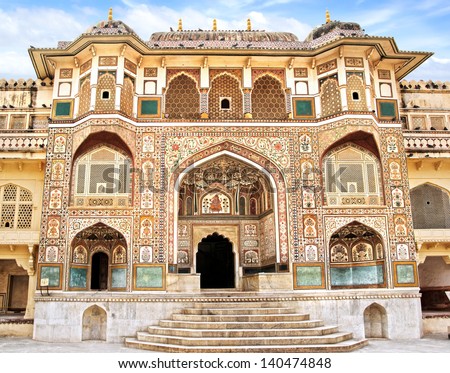 Detail of decorated gateway. Amber fort.  Jaipur, India Royalty-Free Stock Photo #140474848