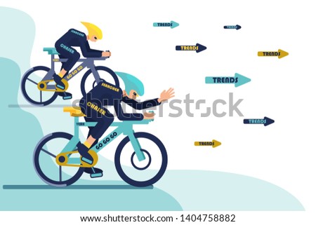 Bicycle racers chasing words trend. Man on bike trying to catch trend. Funny trend chasing concept vector illustration.