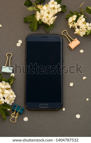 Smartphone mock up and spring flowers. Spring background with mobile phone. Copy space.