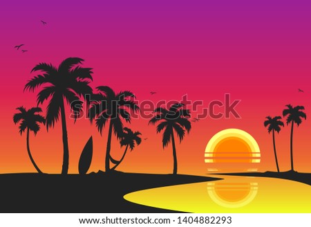 Summer holidays background with palm leaves, surf board, sunset, vector illustration