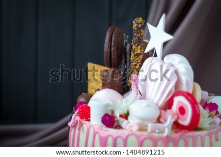 Closeup of black and white chocolate sponge cake with pink and chocolate decoration against the background of fabric drapery