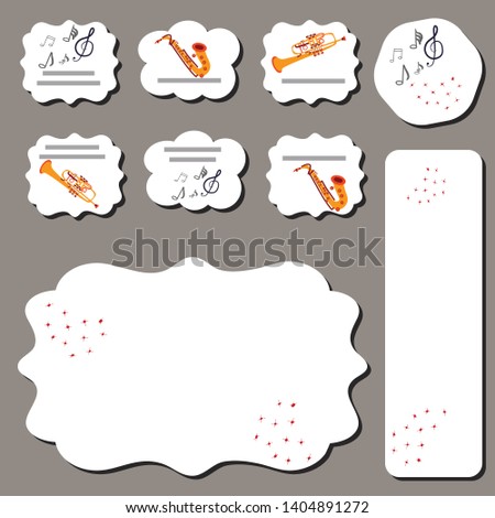 Template with illustration of musical notes, saxophone, trumpet. Vector illustration for musical events, apps, design cover, flyers, brochures page. Set of different labels. Vector