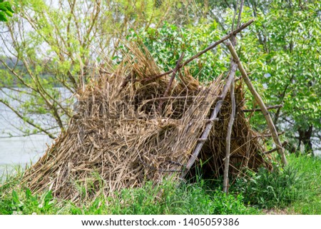 a little old hut of hay and branches standing on the green grass on the shore of a lake or river