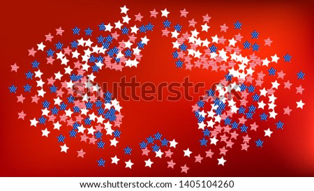 Colors of American Flag: Red, Blue and White. Banner, Greeting Card.  Abstract Background with Many Falling Stars Confetti on Red Backdrop. 
 Vector Stars Background with Colors of American Flag.