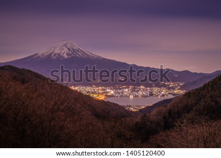 Mt. Fuji and Kawaguchiko lake at night