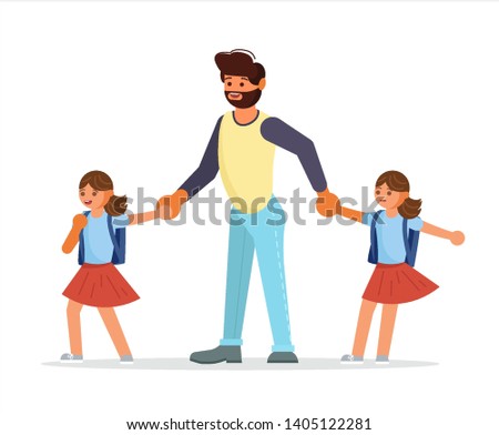 Parents and children go to school together. Father with twins daughters. Flat Art Vector illustration