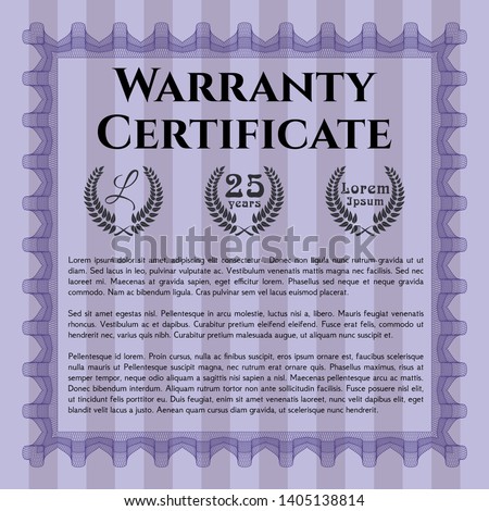 Violet Retro Warranty Certificate template. Lovely design. Detailed. With great quality guilloche pattern. 