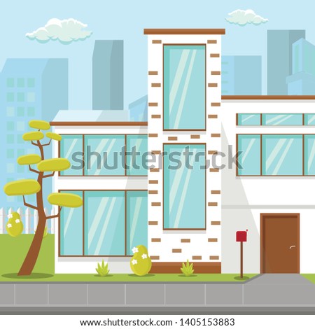 Modern Countryside House Flat Vector Illustration. New Home Choosing, Relocating. Cartoon Luxury Building, Suburbs Villa Moving. Big Windows, Simple Design Architecture. Trees, Bushes in Backyard