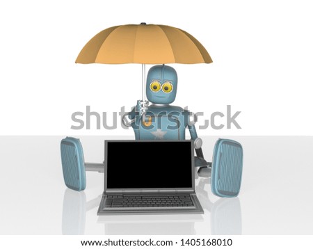 The robot with umbrella protects laptop.3d render