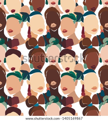 Seamless pattern in minimal trendy style. Vector portrait of woman. 
 Vector illustration for women's day card, poster, banner, textile print, wallpaper, etc.